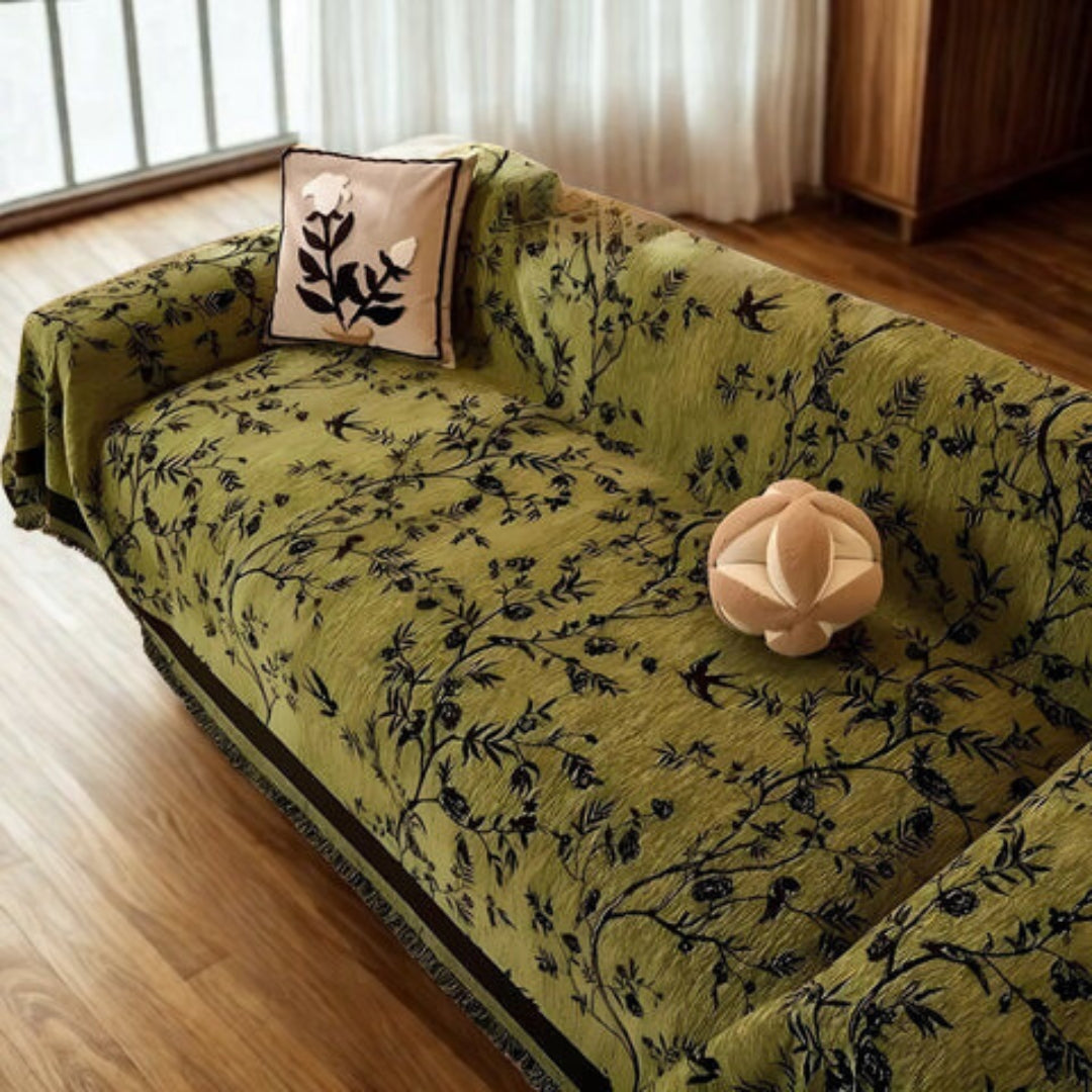 Ormel Chenille Sofa Cover – Jacquard Floral Throw with Tassels