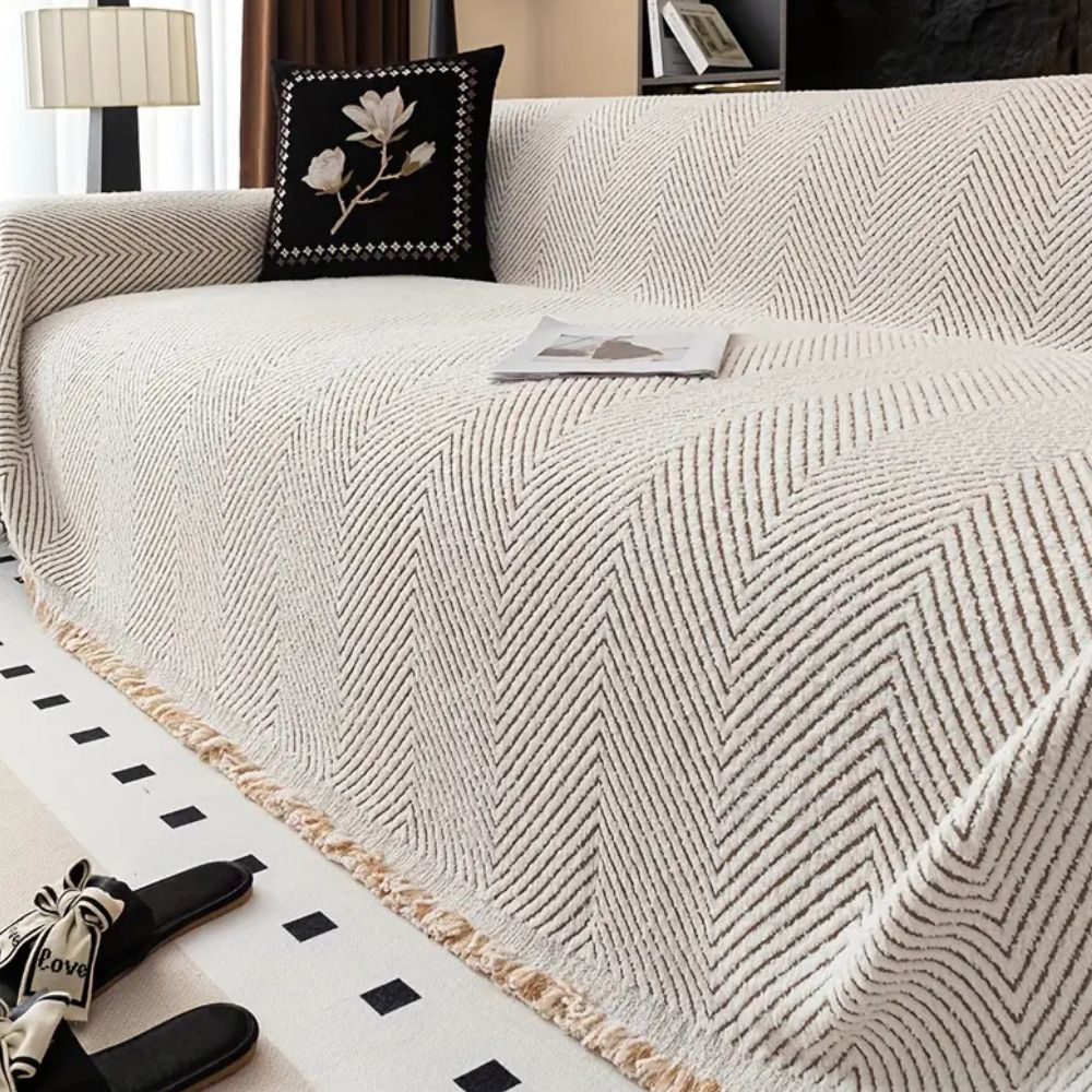 Stripe Herringbone Sofa Cover – Non-Slip Microfiber Pet Protector, Water-Resistant