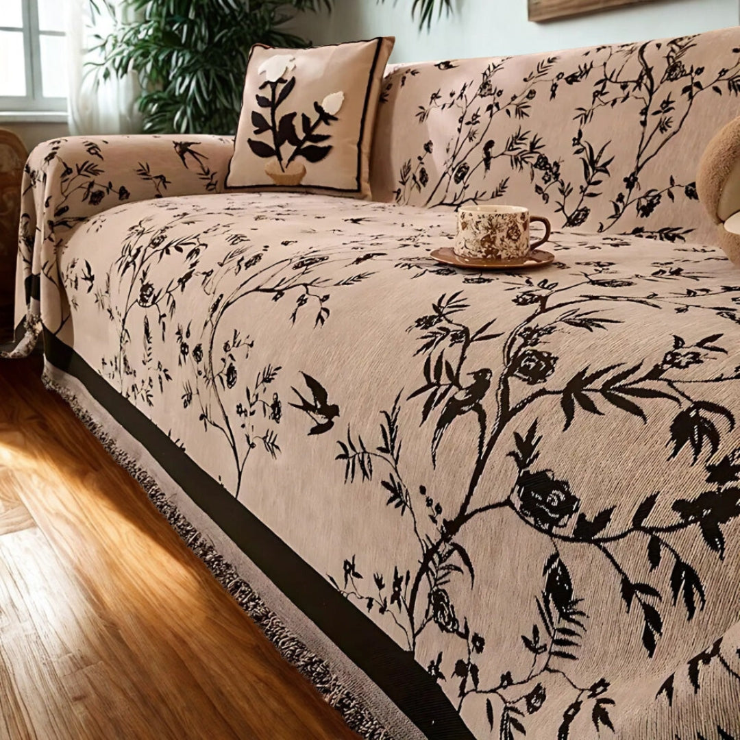 Ormel Chenille Sofa Cover – Jacquard Floral Throw with Tassels