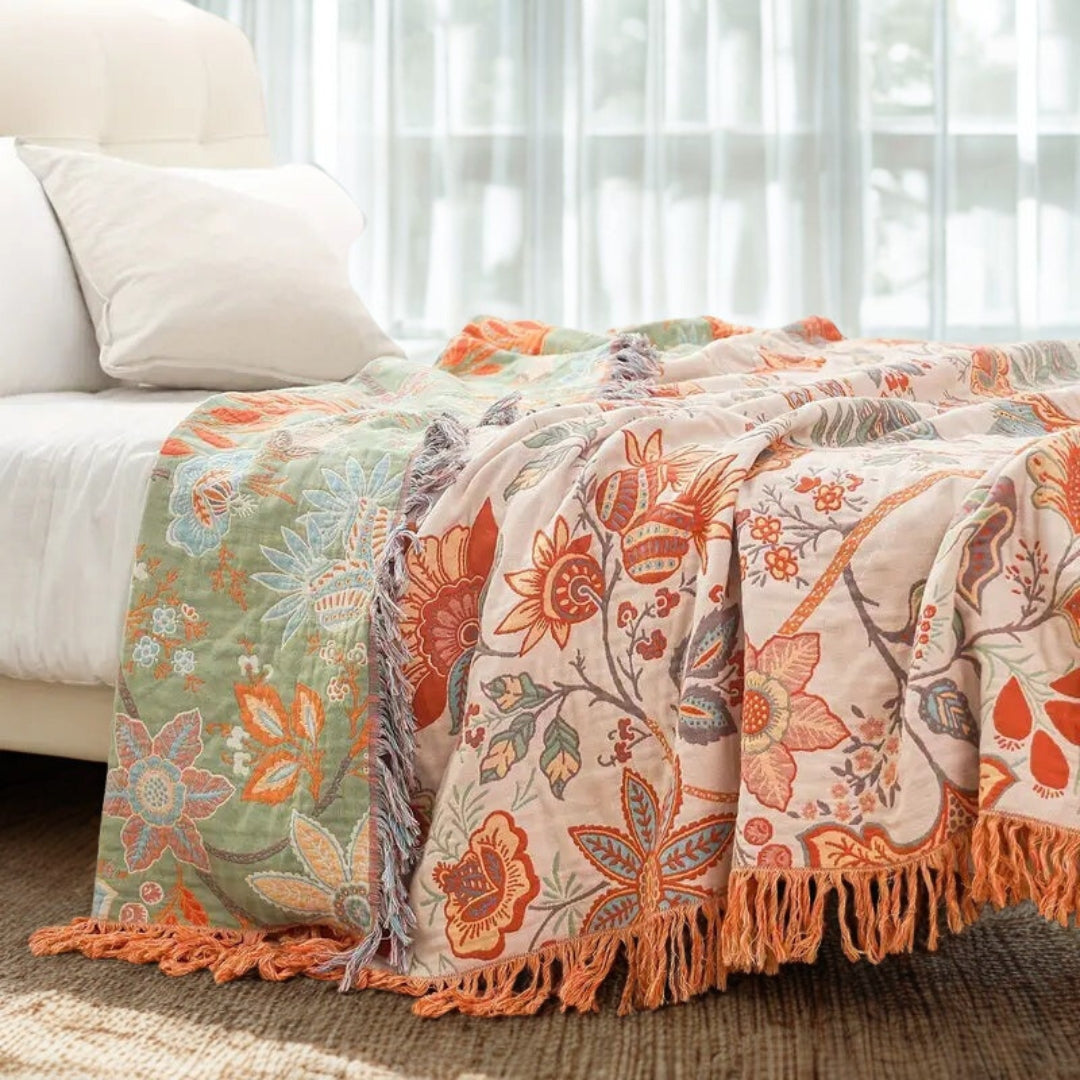 Boho Floral Cotton Throw Blanket – Orange & Blue Tapestry with Fringe