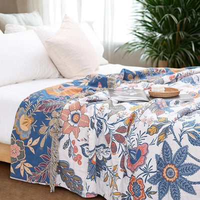 Rustic Flora Cotton Blanket – Reversible Jacquard Throw with Tassels