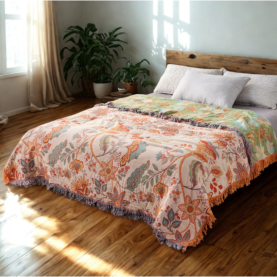 Boho Floral Cotton Throw Blanket – Orange & Blue Tapestry with Fringe