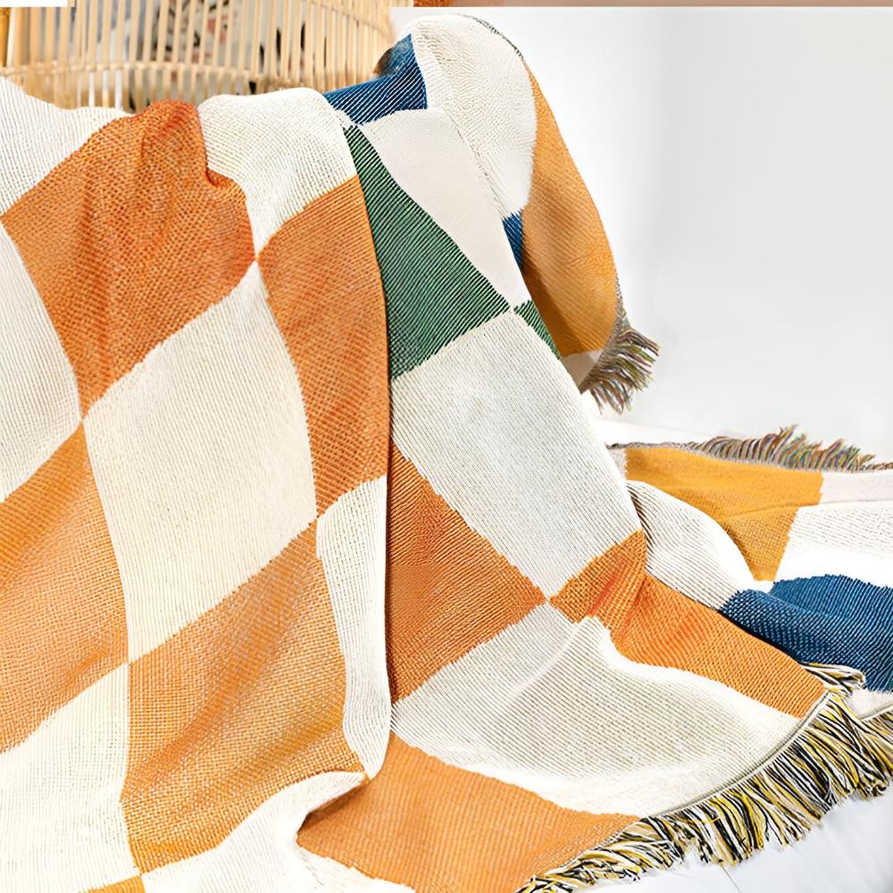 Colourful Checkerboard Tassel Throw Blanket - Multifunctional Sofa Cover