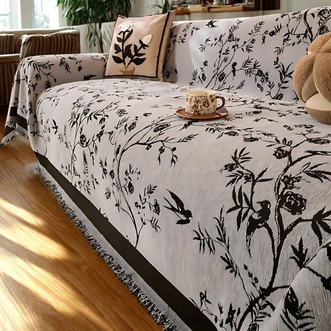 Ormel Chenille Sofa Cover – Jacquard Floral Throw with Tassels