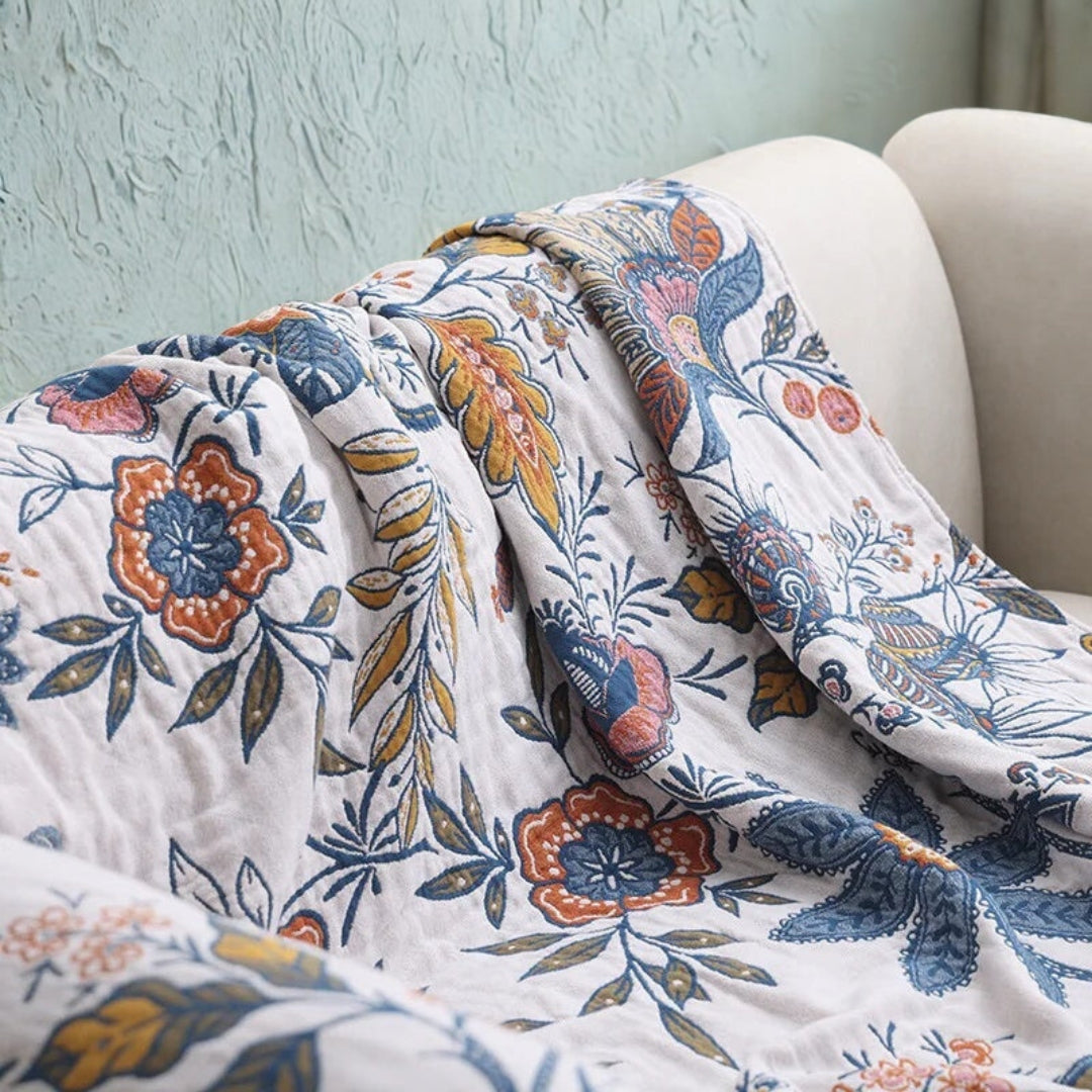 Rustic Flora Cotton Blanket – Reversible Jacquard Throw with Tassels