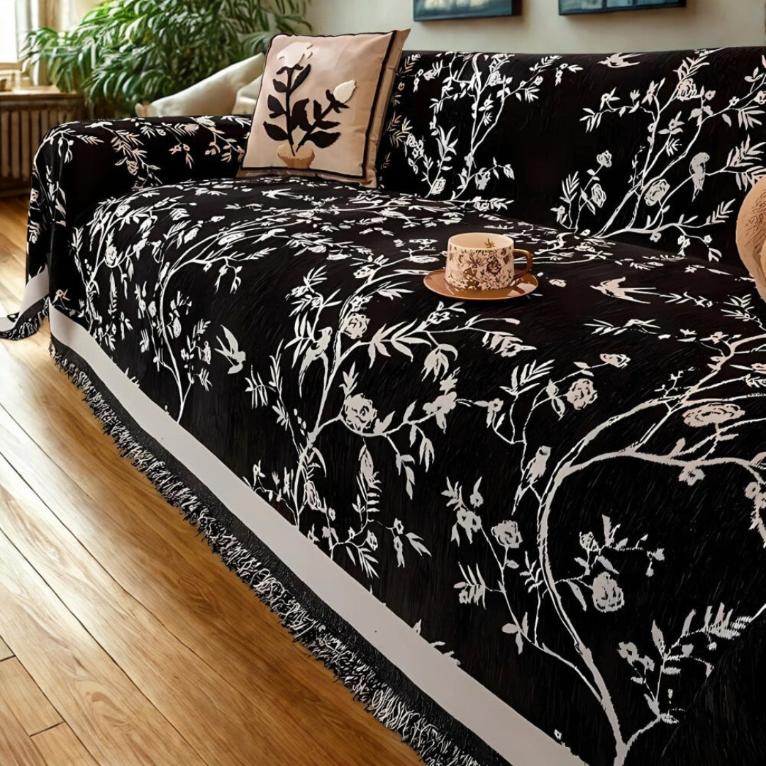 Ormel Chenille Sofa Cover – Jacquard Floral Throw with Tassels