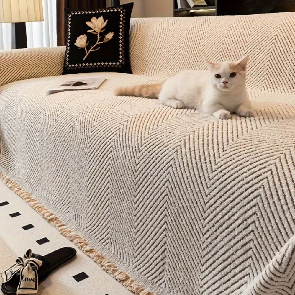 Stripe Herringbone Sofa Cover – Non-Slip Microfiber Pet Protector, Water-Resistant