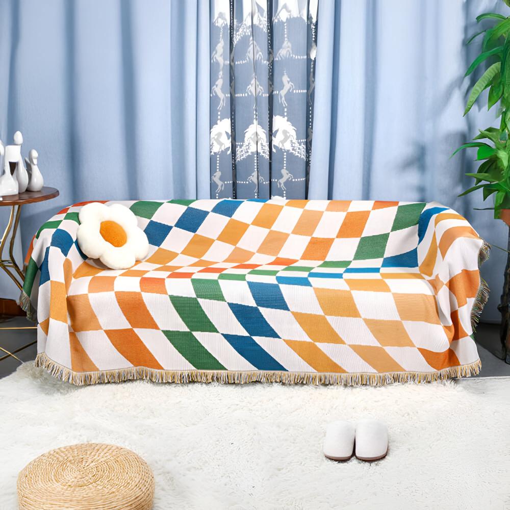 Colourful Checkerboard Tassel Throw Blanket - Multifunctional Sofa Cover