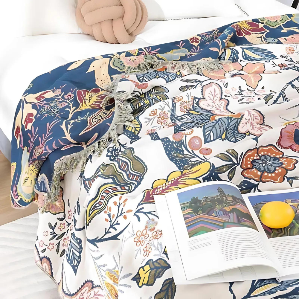 Rustic Flora Cotton Blanket – Reversible Jacquard Throw with Tassels