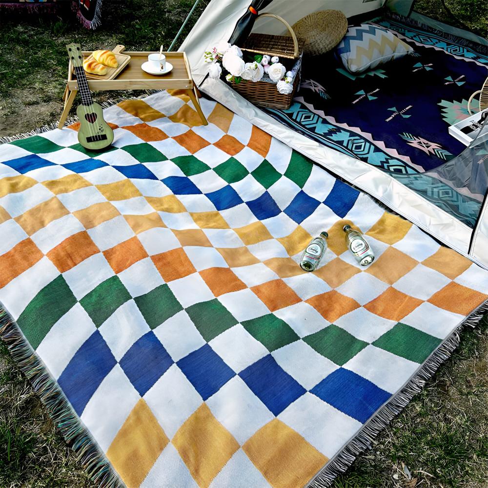 Colourful Checkerboard Tassel Throw Blanket - Multifunctional Sofa Cover