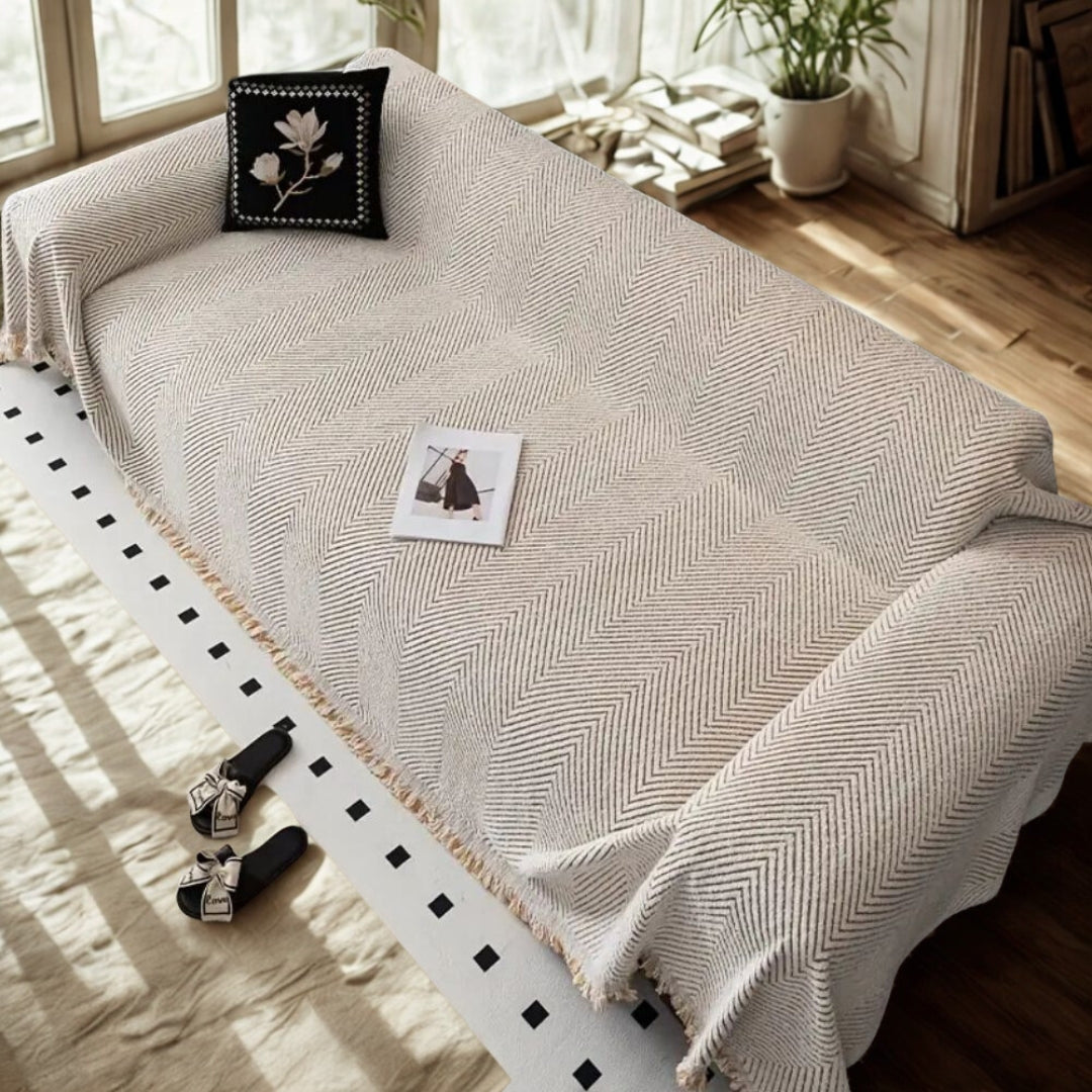 Stripe Herringbone Sofa Cover – Non-Slip Microfiber Pet Protector, Water-Resistant