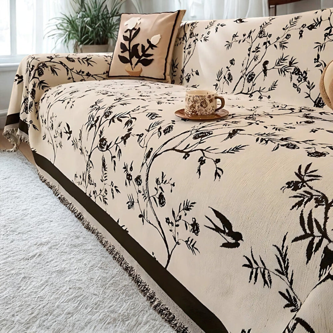 Ormel Chenille Sofa Cover – Jacquard Floral Throw with Tassels