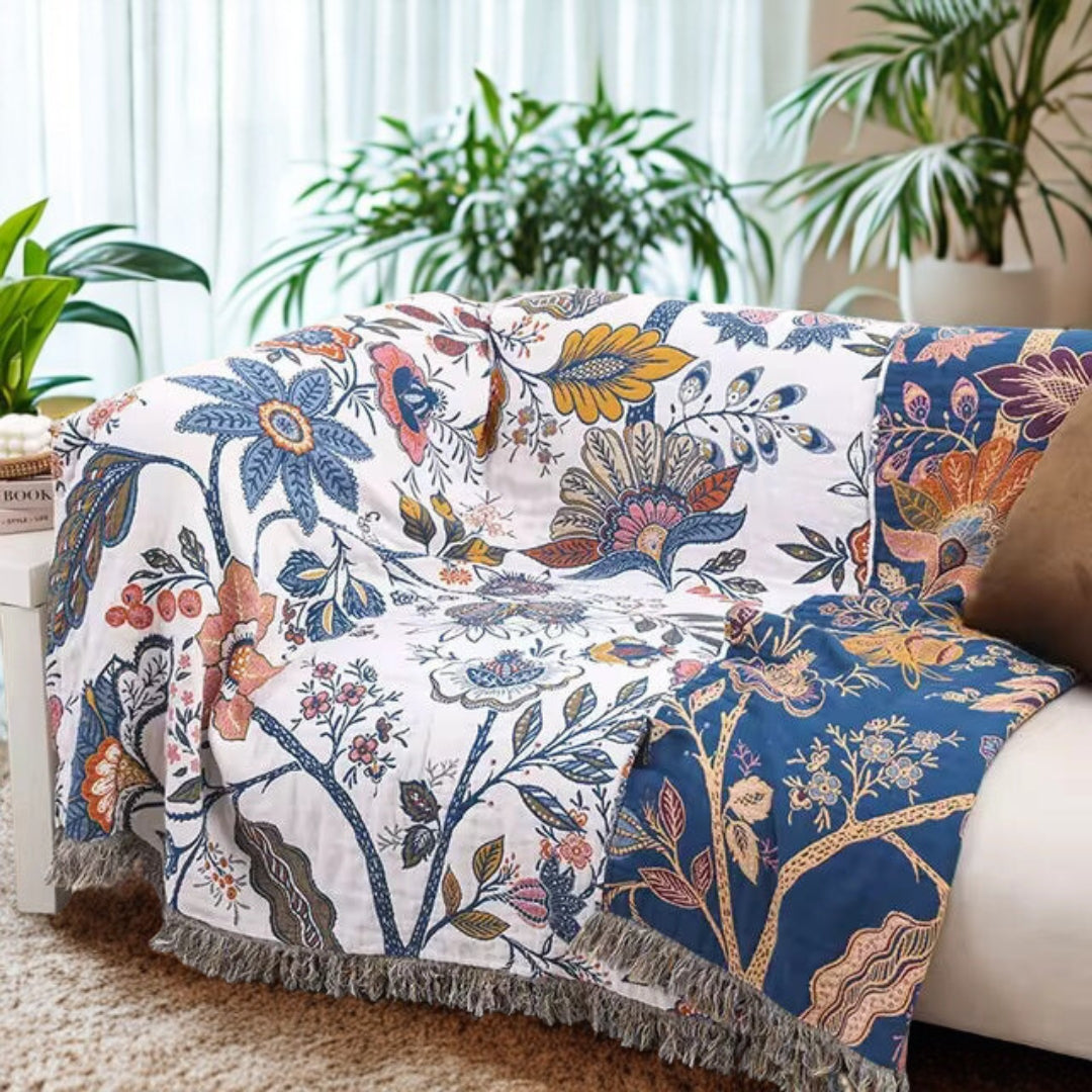 Rustic Flora Cotton Blanket – Reversible Jacquard Throw with Tassels
