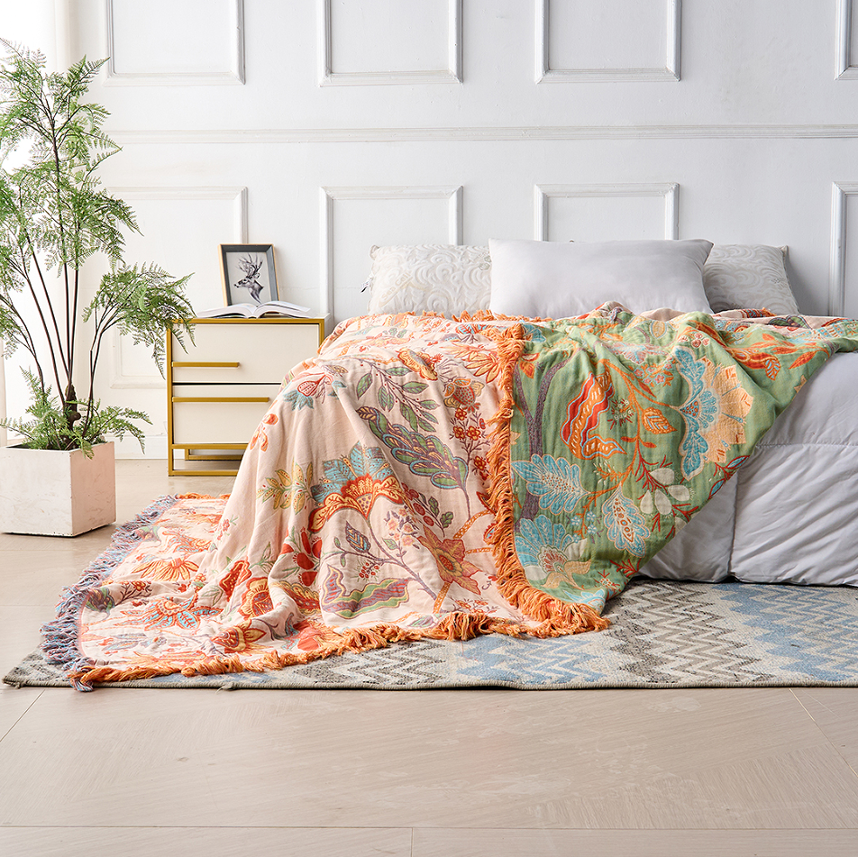 Boho Floral Cotton Throw Blanket – Orange & Blue Tapestry with Fringe