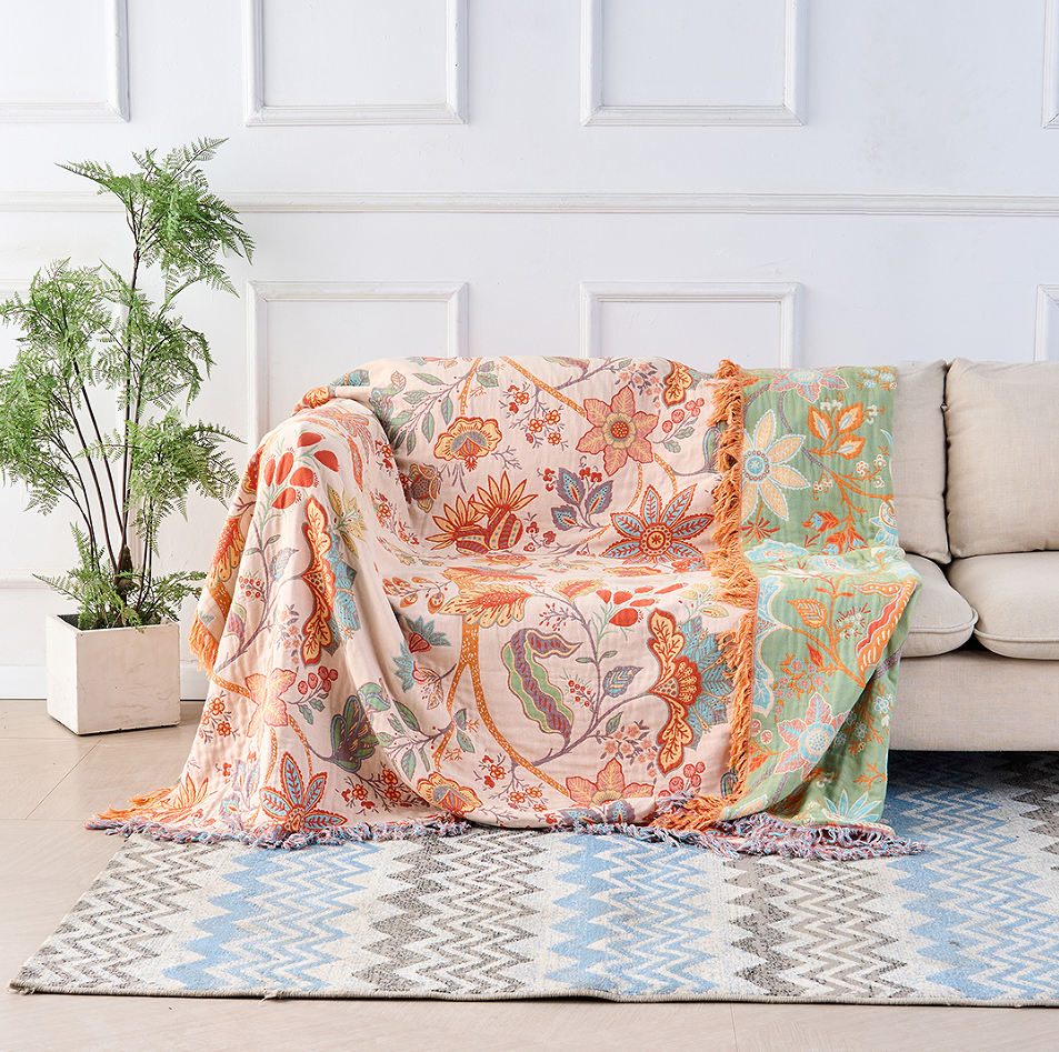 Boho Floral Cotton Throw Blanket – Orange & Blue Tapestry with Fringe