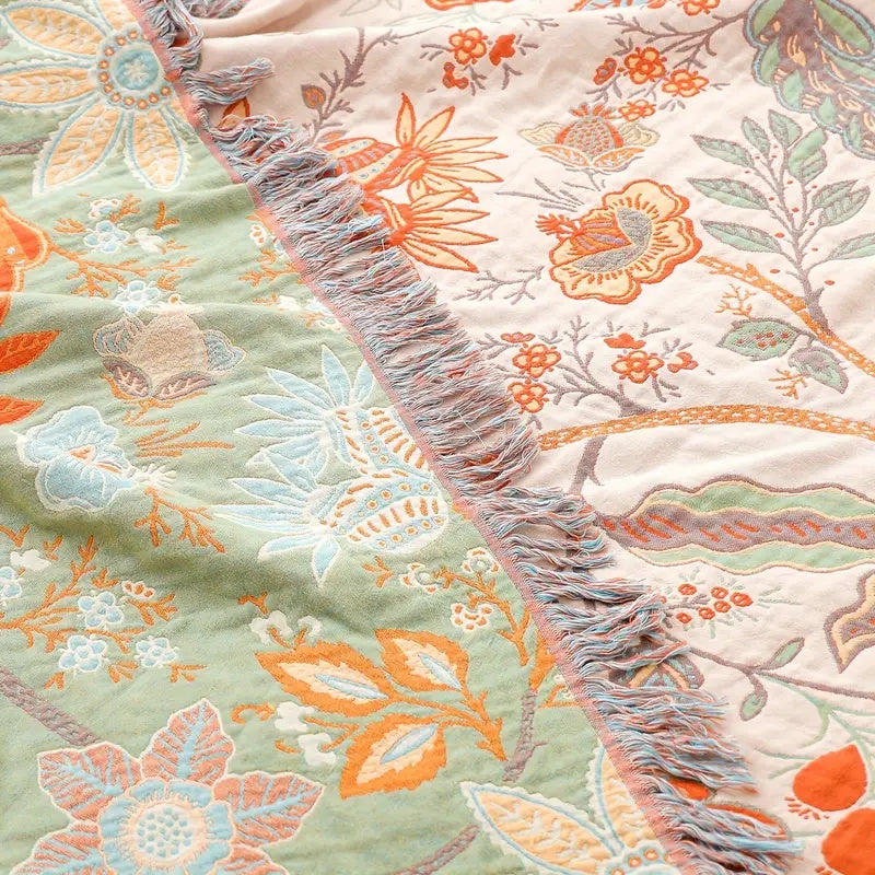 Boho Floral Cotton Throw Blanket – Orange & Blue Tapestry with Fringe