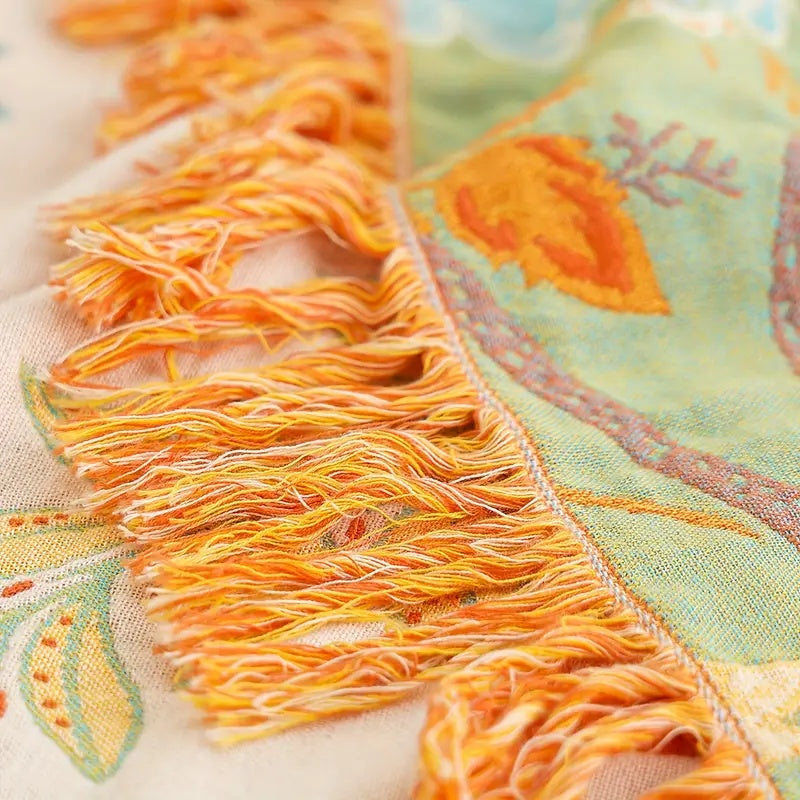 Boho Floral Cotton Throw Blanket – Orange & Blue Tapestry with Fringe