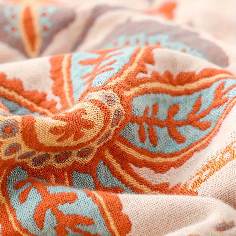 Boho Floral Cotton Throw Blanket – Orange & Blue Tapestry with Fringe